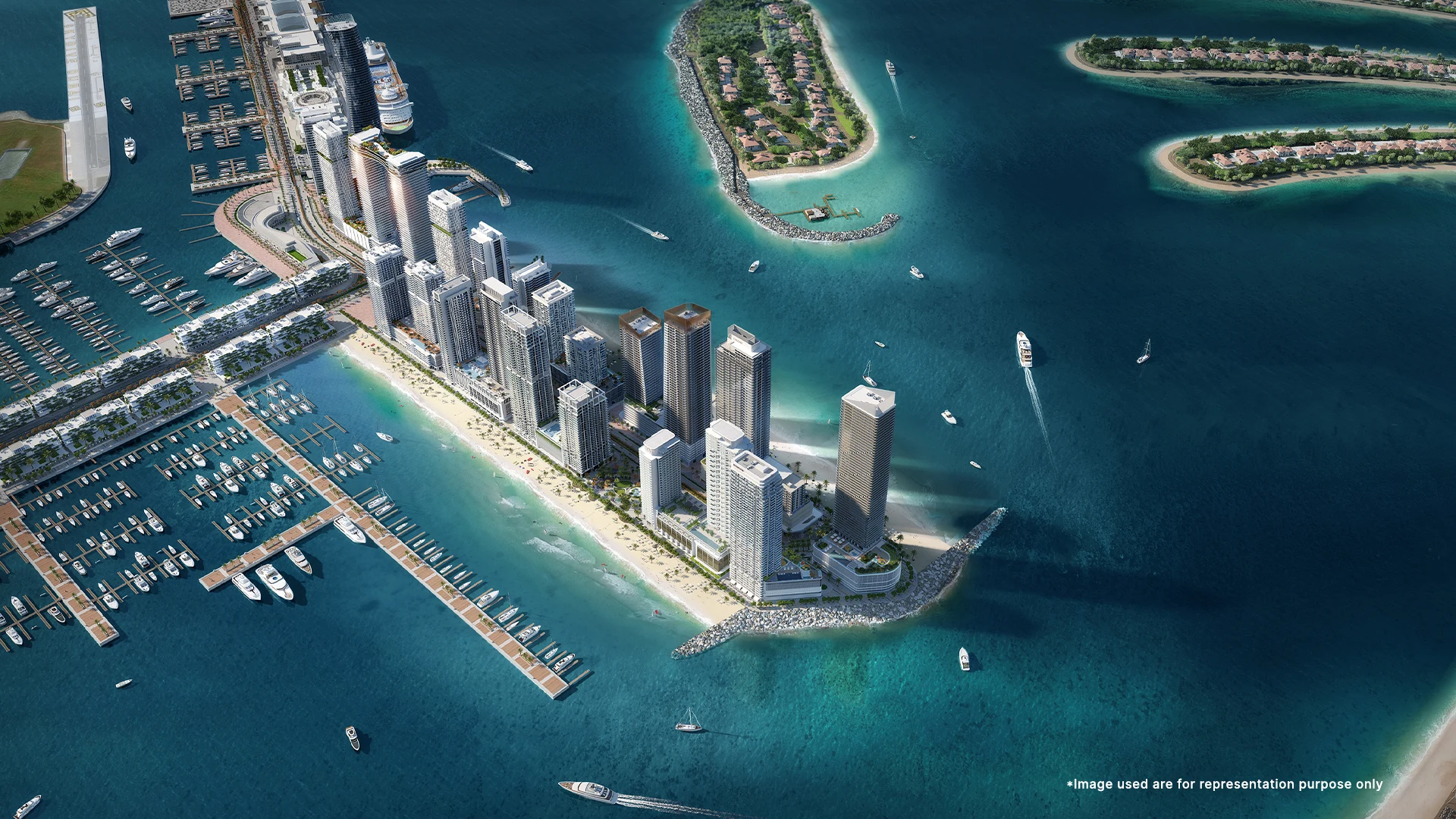 Aerial view of Bay View address At Emaar Beachfront, showcasing luxurious waterfront with yachts club apartments in Dubai